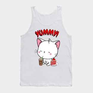 Cute white cat is having coffee and cake Tank Top